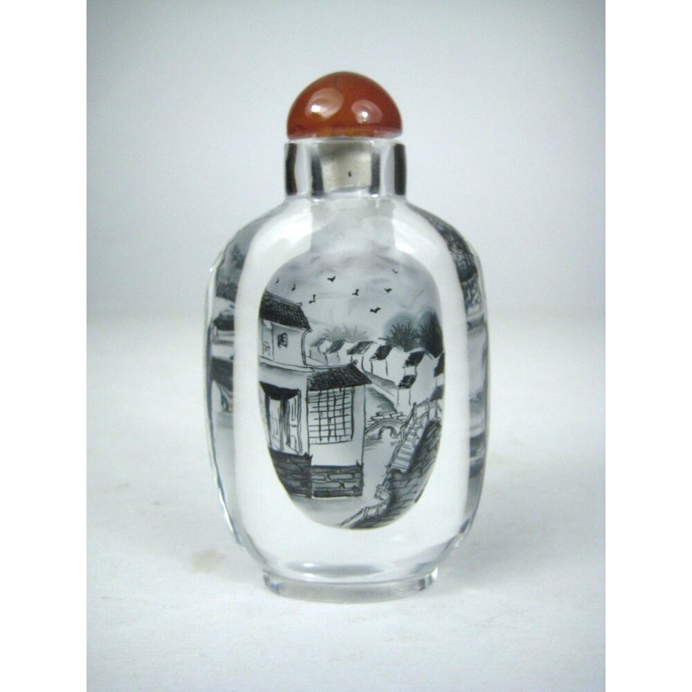 Hand Painted Chinese Reverse Glass Snuff Bottle Red Agate Lid